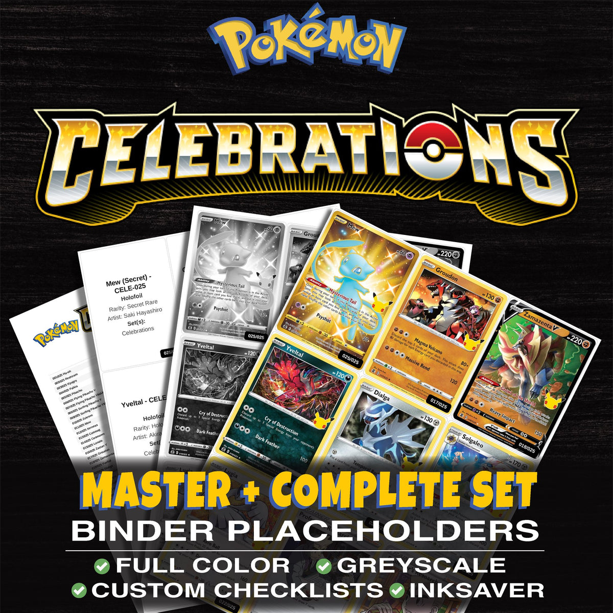 Celebrations Pokemon binder placeholders printable PDF - includes Mew (Secret)