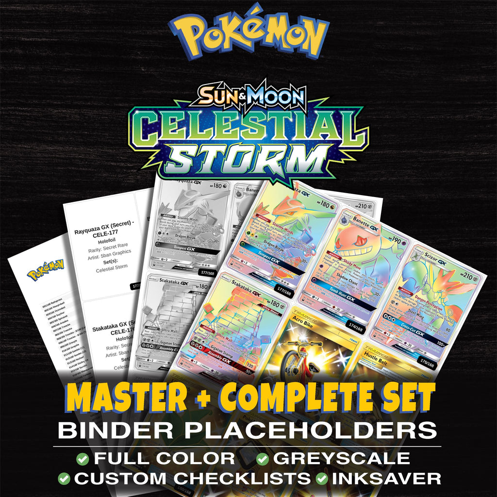 Celestial Storm Pokemon binder placeholders printable PDF - includes Rayquaza GX (Secret)