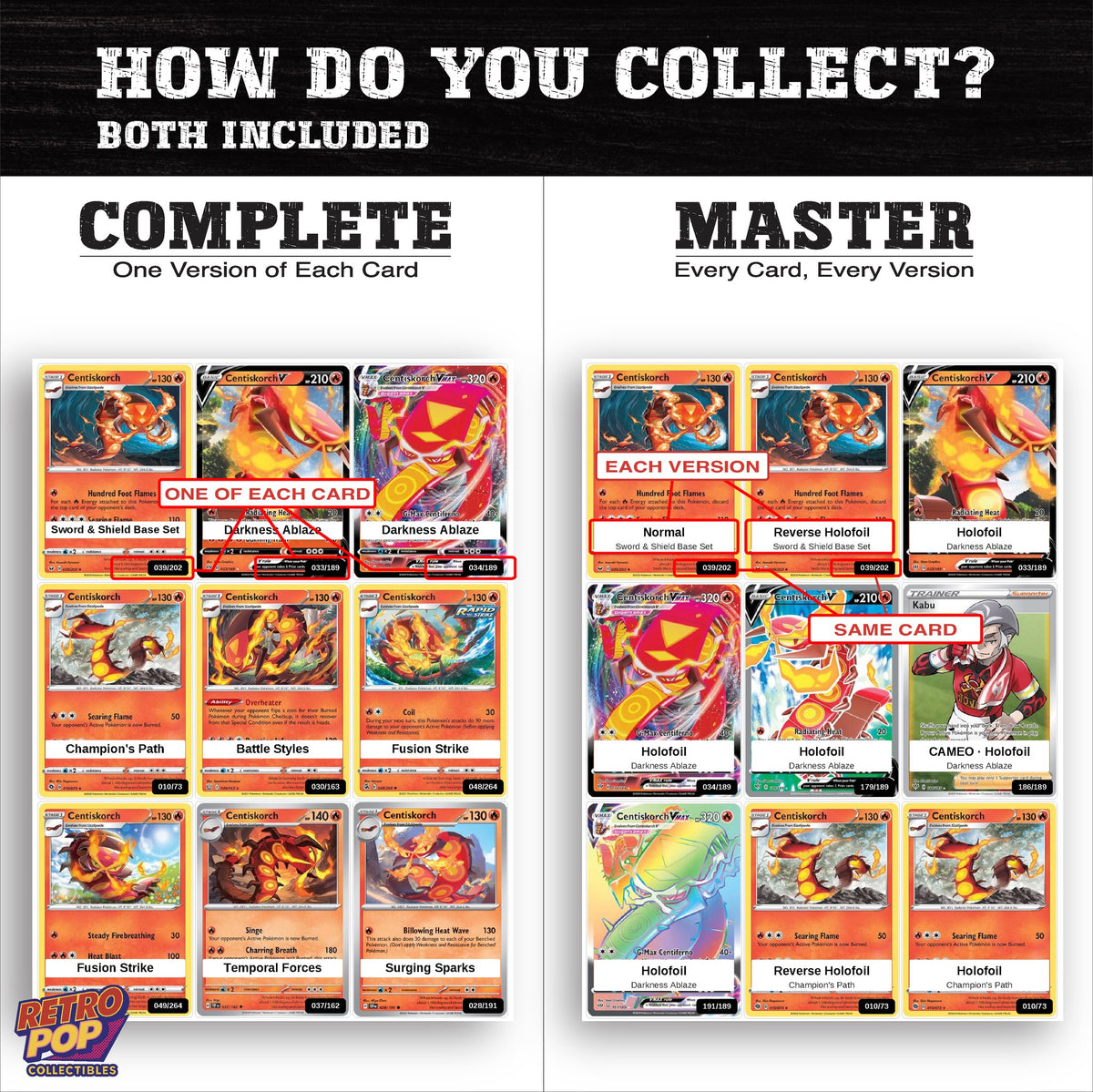 Complete Set vs Master Set versions of the Centiskorch binder placeholders