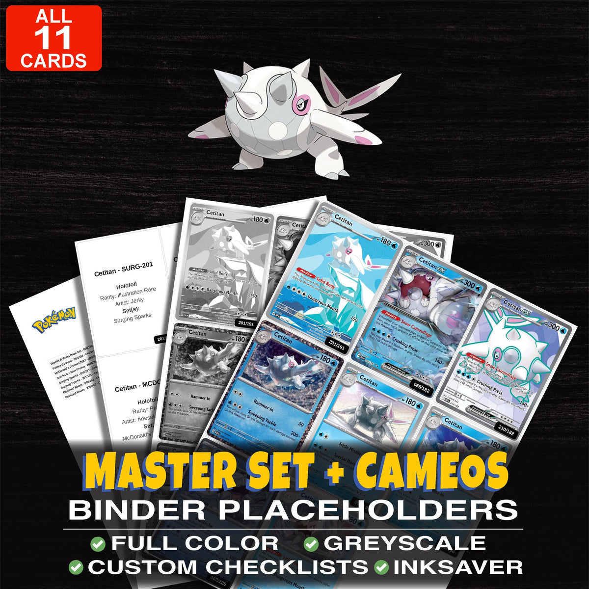Every Cetitan Pokemon card ever made - master set binder placeholders with Cetitan