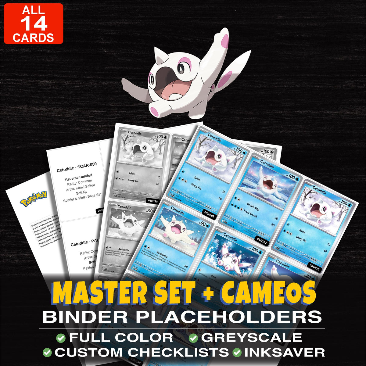 Every Cetoddle Pokemon card ever made - master set binder placeholders with Cetoddle