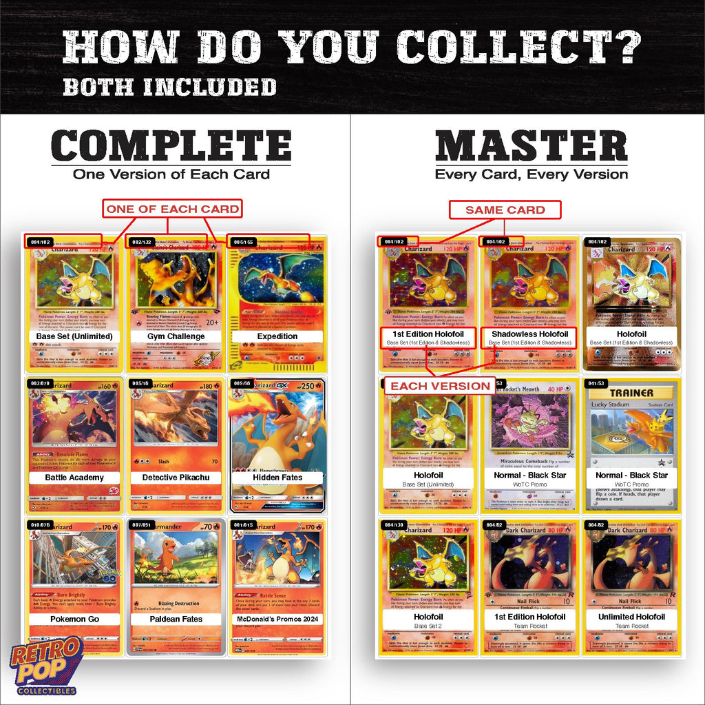 Complete Set vs Master Set versions of the Charizard binder placeholders