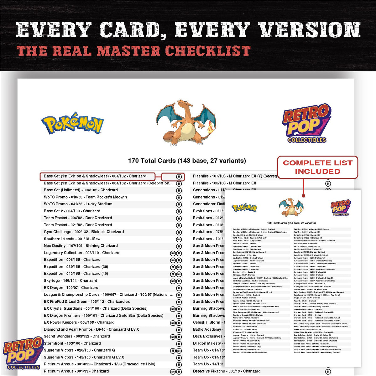 Charizard master set checklist PDF preview - every card listed
