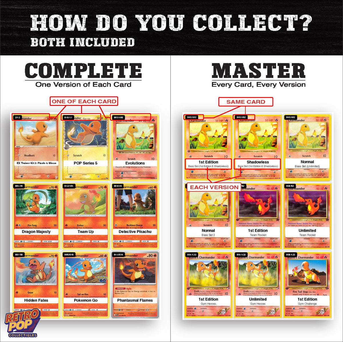 Complete Set vs Master Set versions of the Charmander binder placeholders