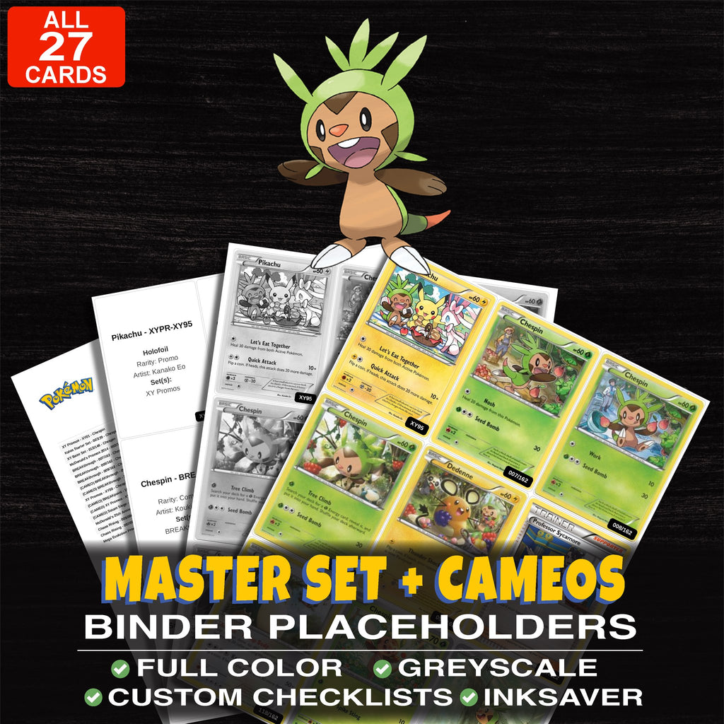 Every Chespin Pokemon card ever made - master set binder placeholders with Chespin (Collector Chest)