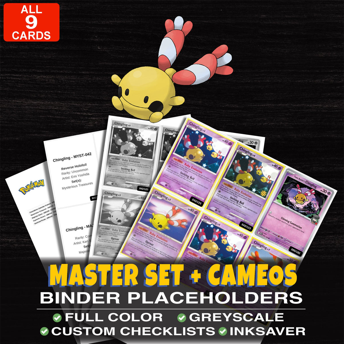 Every Chingling Pokemon card ever made - master set binder placeholders with Chingling