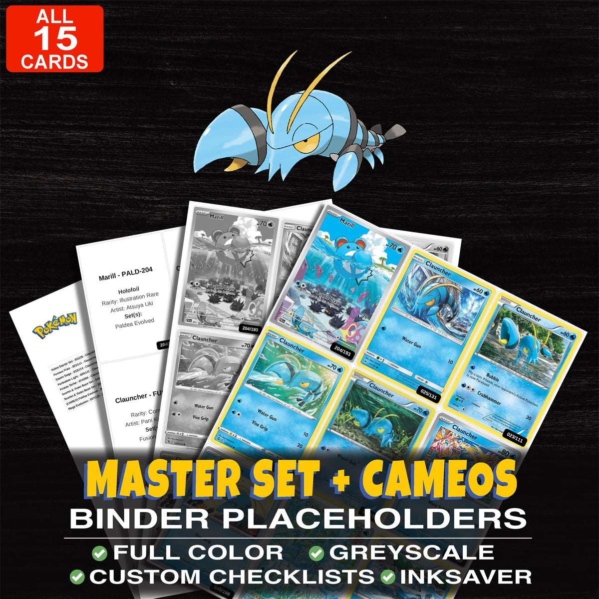 Every Clauncher Pokemon card ever made - master set binder placeholders with Clauncher