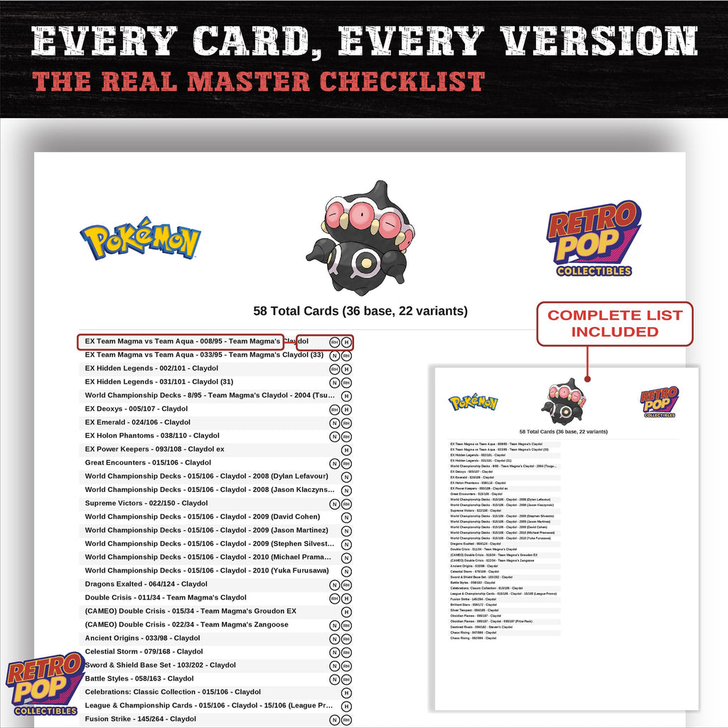 Claydol master set checklist PDF preview - every card listed