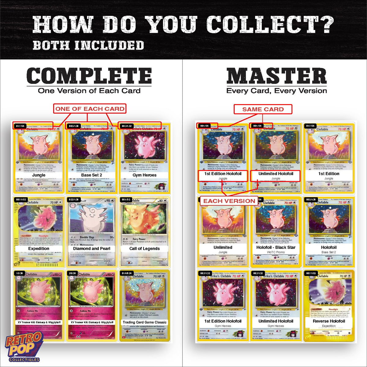 Complete Set vs Master Set versions of the Clefable binder placeholders