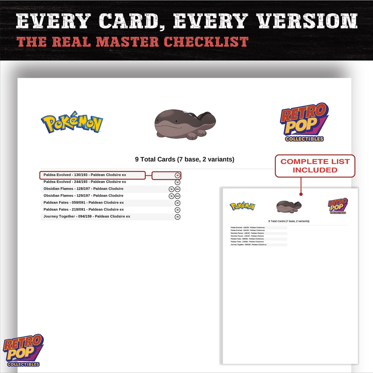 Clodsire master set checklist PDF preview - every card listed