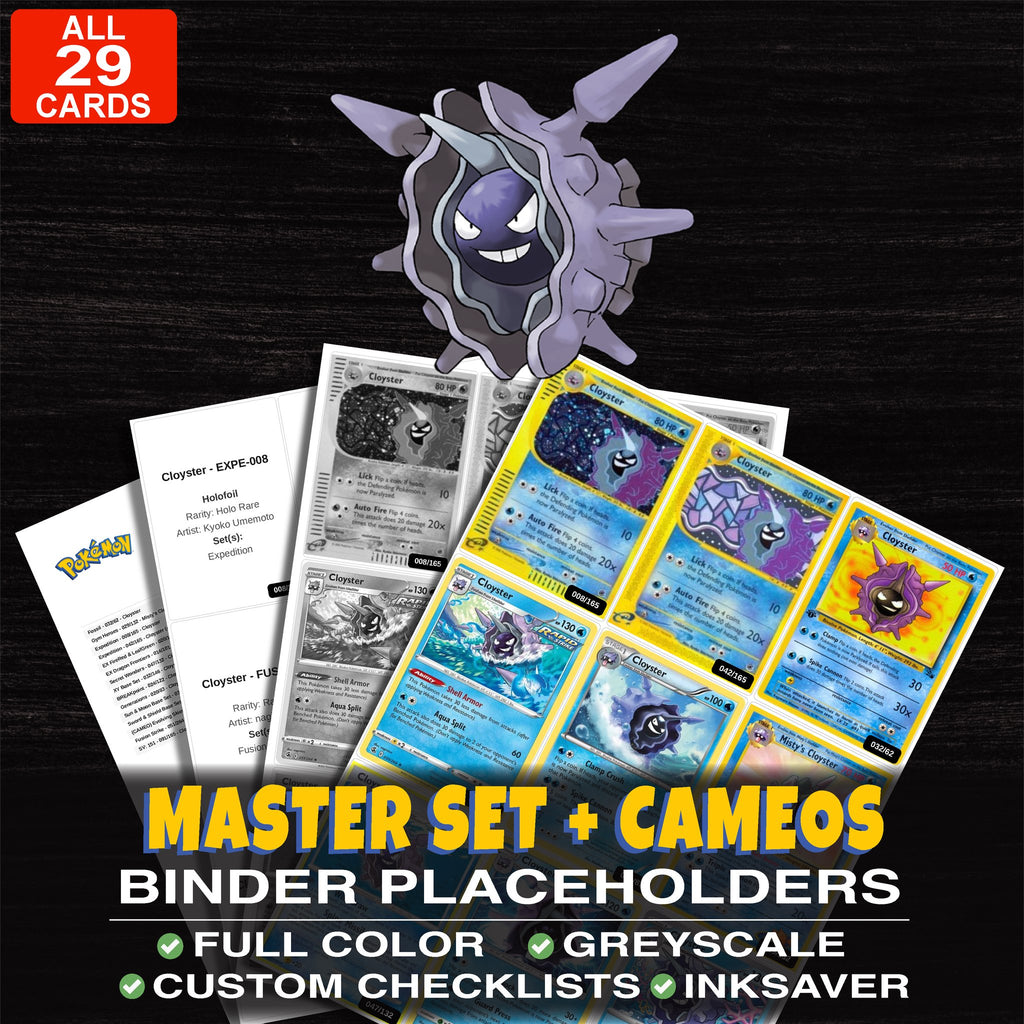 Every Cloyster Pokemon card ever made - master set binder placeholders with Cloyster