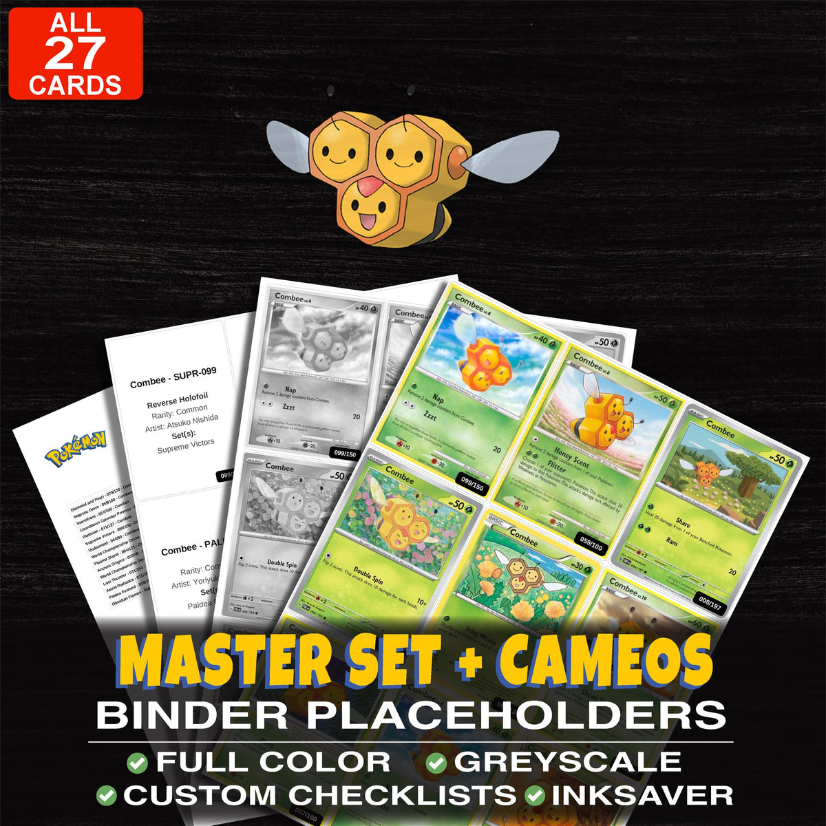 Every Combee Pokemon card ever made - master set binder placeholders with Combee