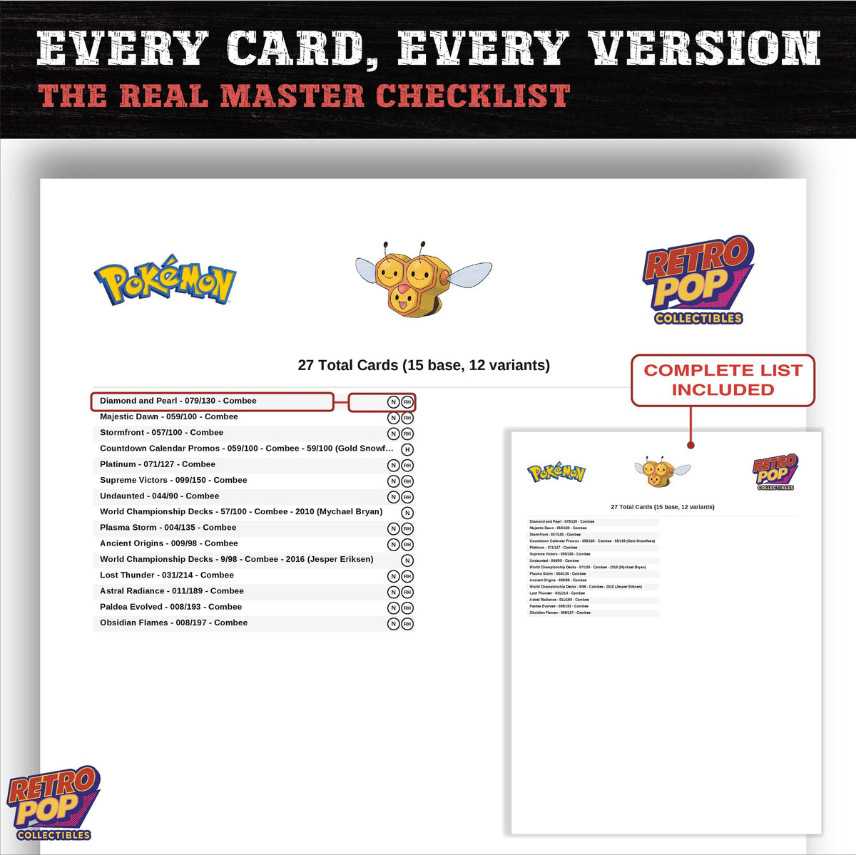 Combee master set checklist PDF preview - every card listed