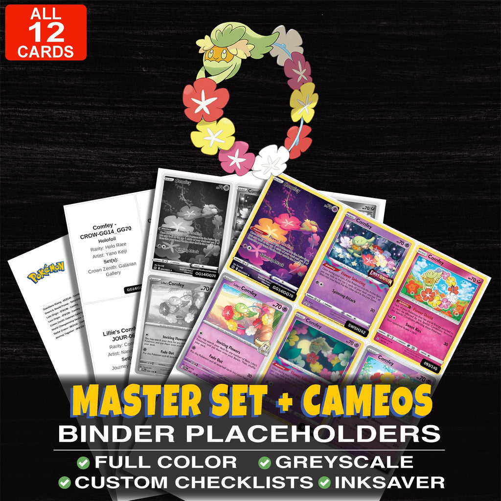 Every Comfey Pokemon card ever made - master set binder placeholders with Comfey