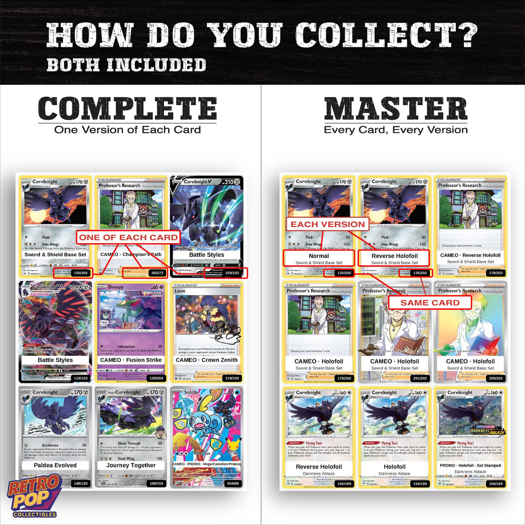 Complete Set vs Master Set versions of the Corviknight binder placeholders