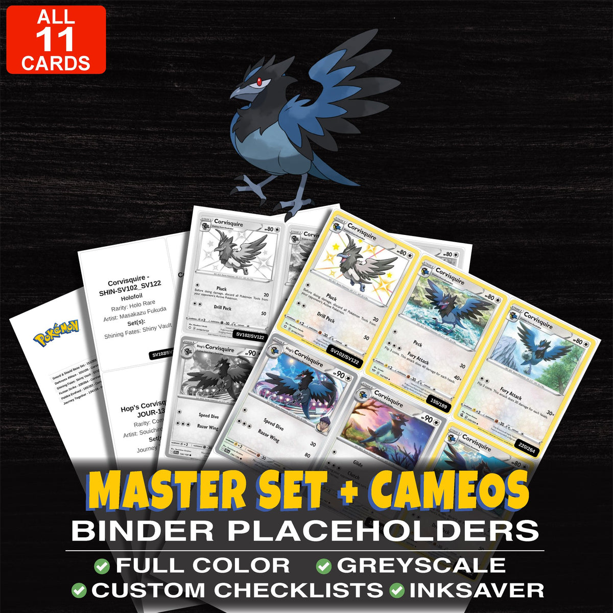 Every Corvisquire Pokemon card ever made - master set binder placeholders with Corvisquire
