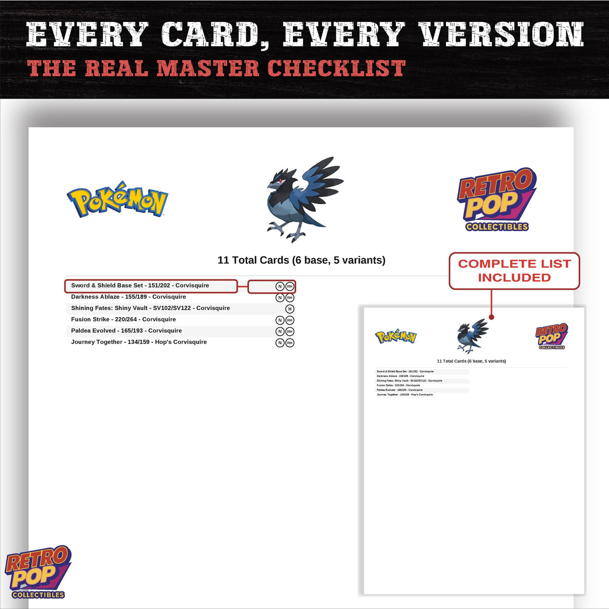 Corvisquire master set checklist PDF preview - every card listed