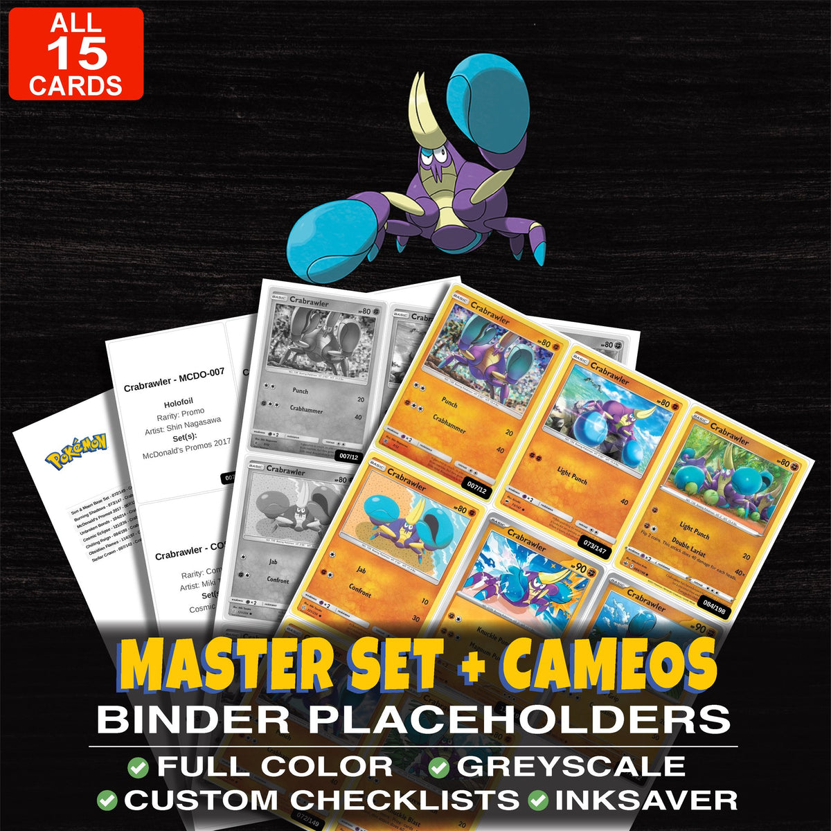 Every Crabrawler Pokemon card ever made - master set binder placeholders with Crabrawler