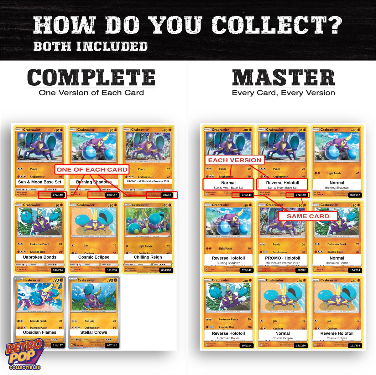 Complete Set vs Master Set versions of the Crabrawler binder placeholders