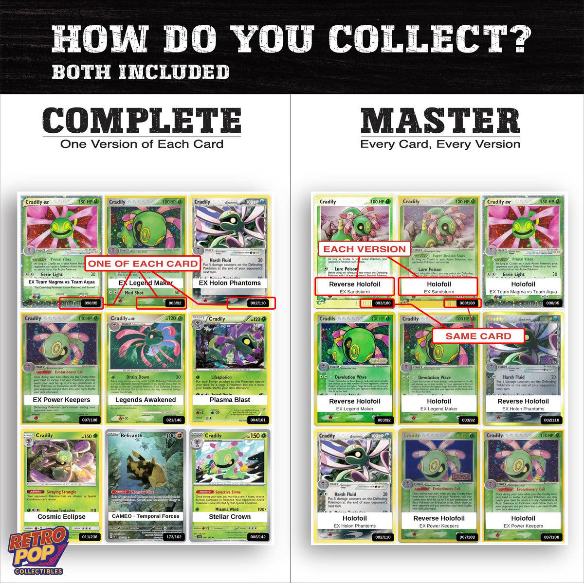 Complete Set vs Master Set versions of the Cradily binder placeholders