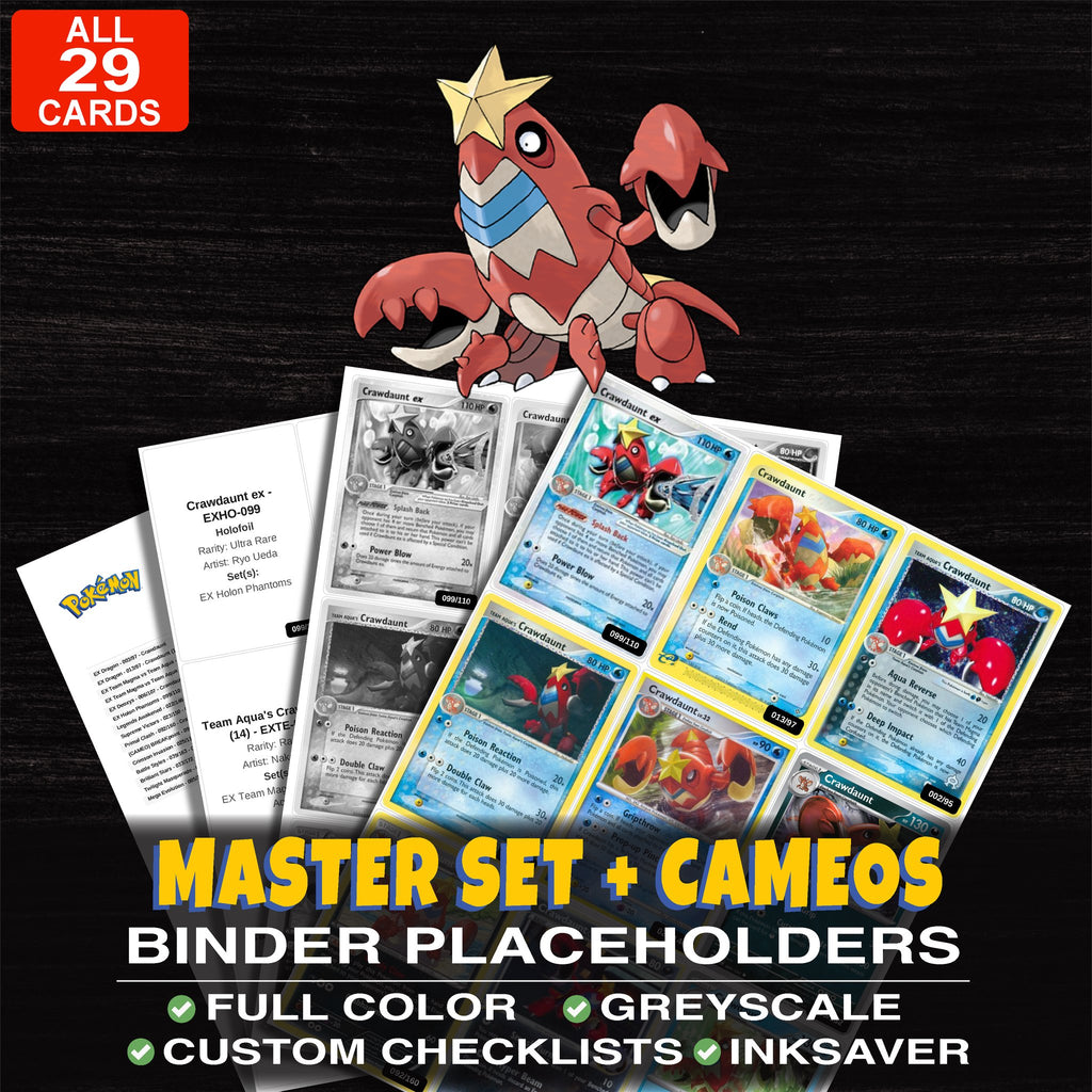 Every Crawdaunt Pokemon card ever made - master set binder placeholders with Crawdaunt ex