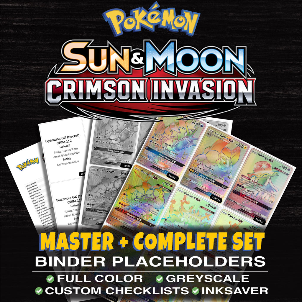 Crimson Invasion Pokemon binder placeholders printable PDF - includes Gyarados GX (Secret)