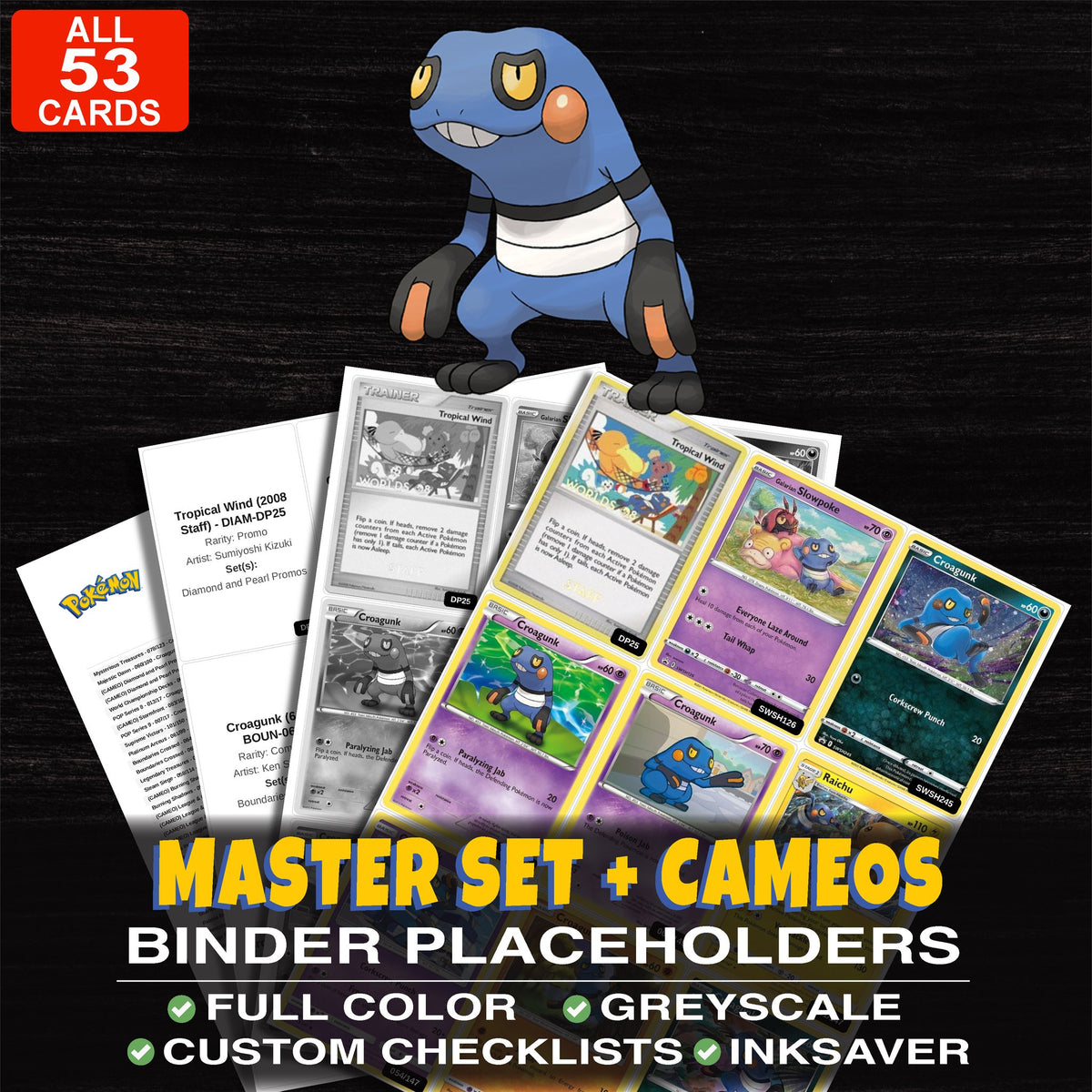 Every Croagunk Pokemon card ever made - master set binder placeholders with Croagunk