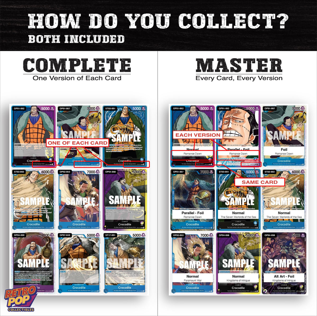 Complete Set vs Master Set versions of Crocodile One Piece binder placeholders