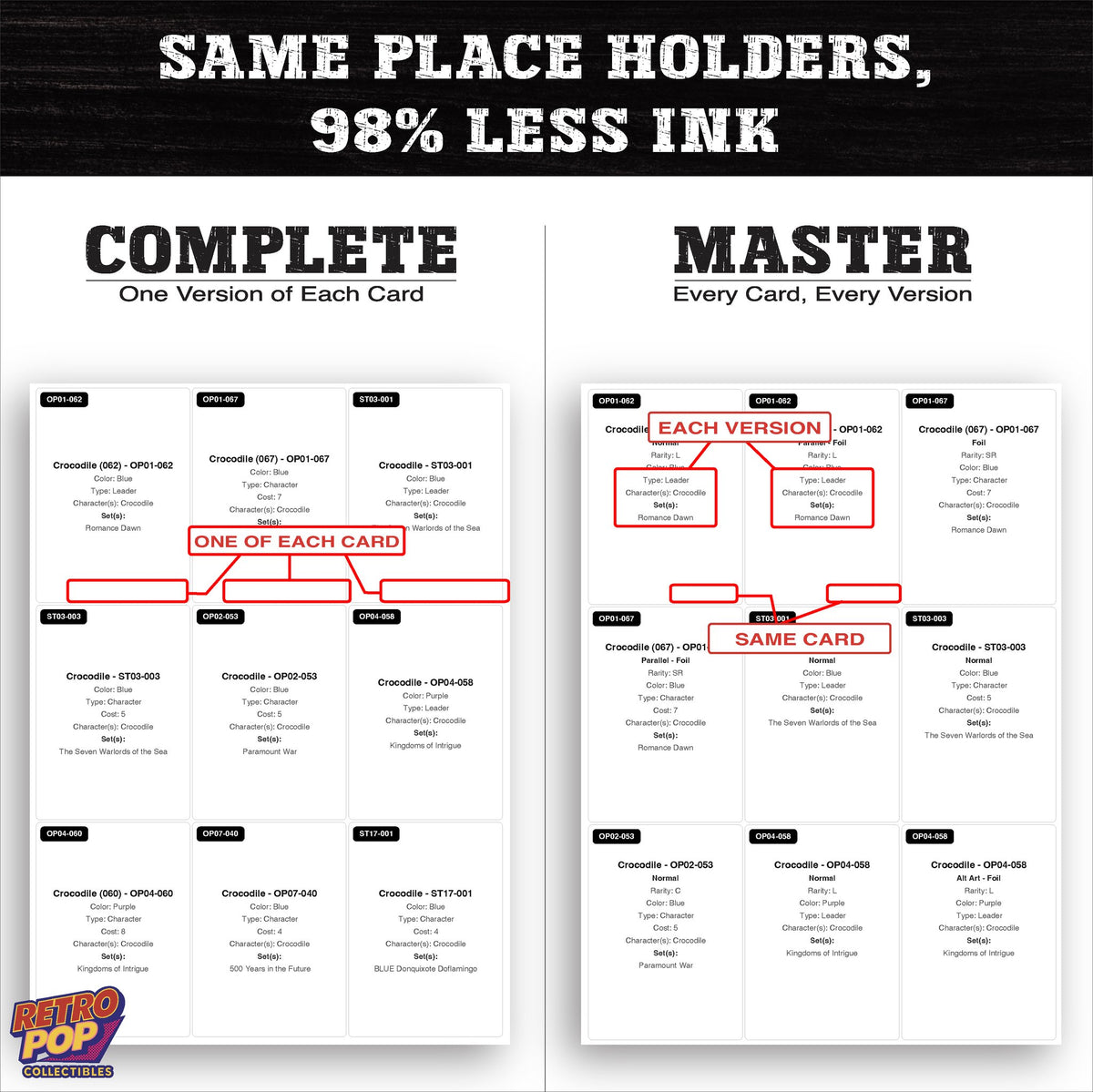 Ink saver greyscale Crocodile One Piece placeholder sheet - 98 percent less ink
