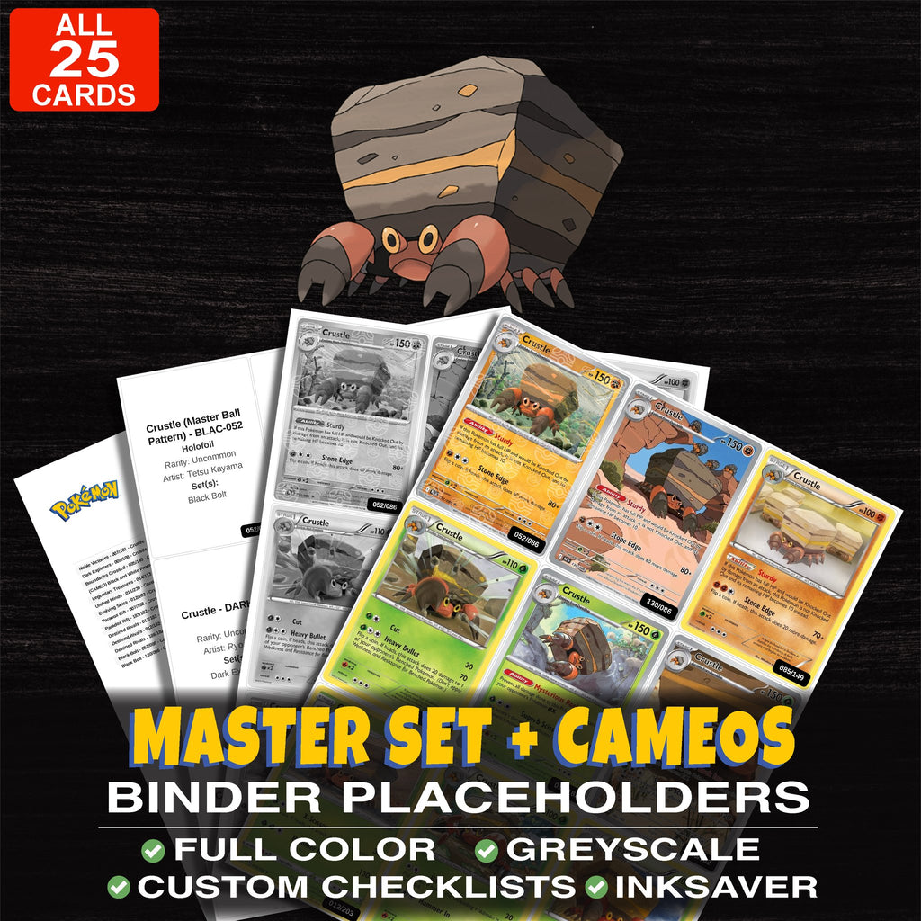 Every Crustle Pokemon card ever made - master set binder placeholders with Crustle