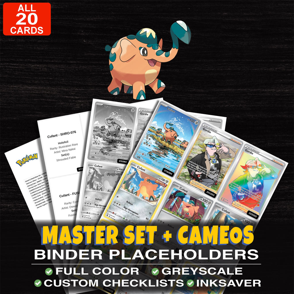 Every Cufant Pokemon card ever made - master set binder placeholders with Cufant