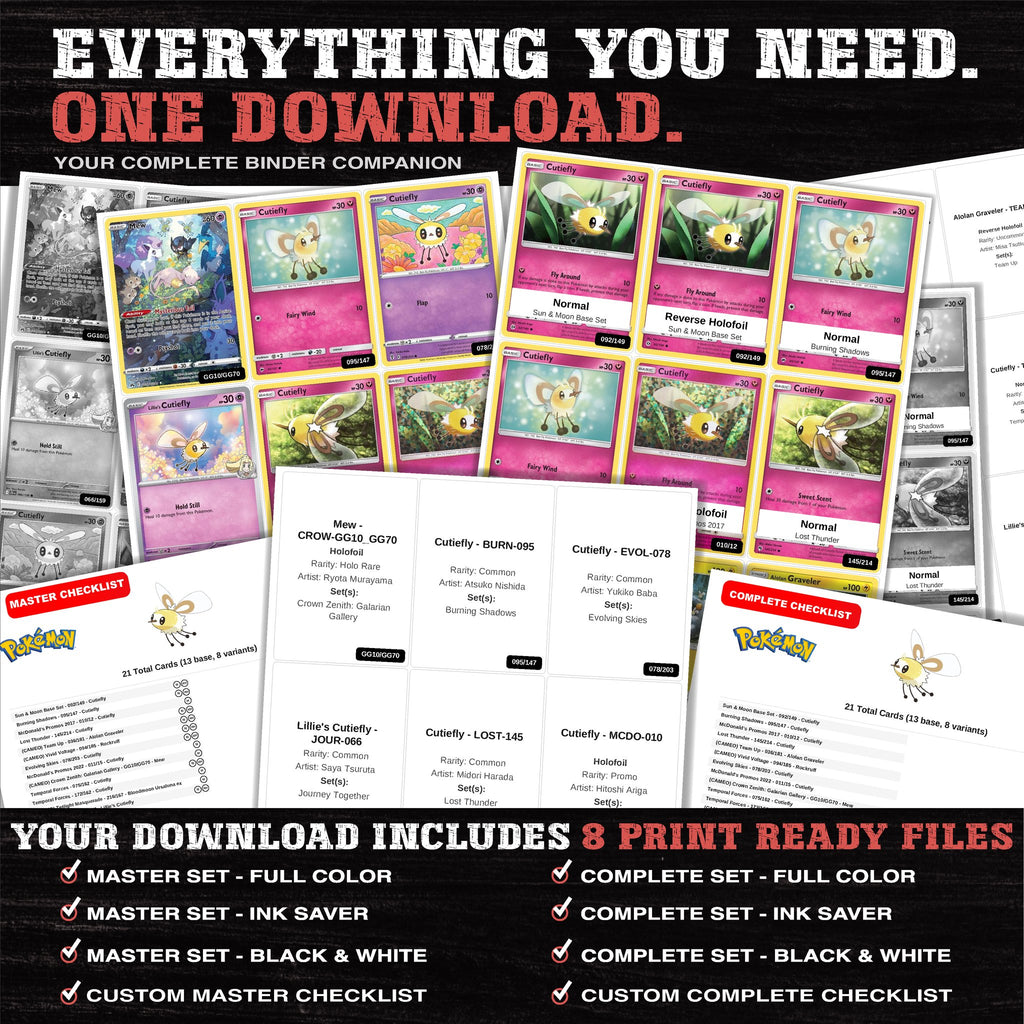 Everything included in the Cutiefly master set download - 8 PDF files