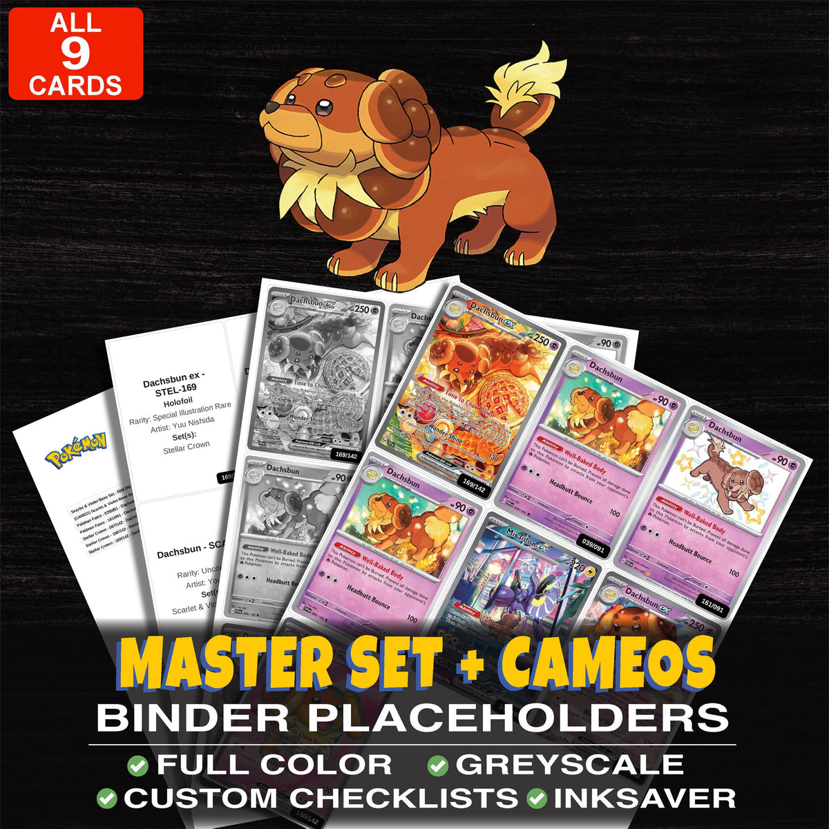 Every Dachsbun Pokemon card ever made - master set binder placeholders with Dachsbun ex