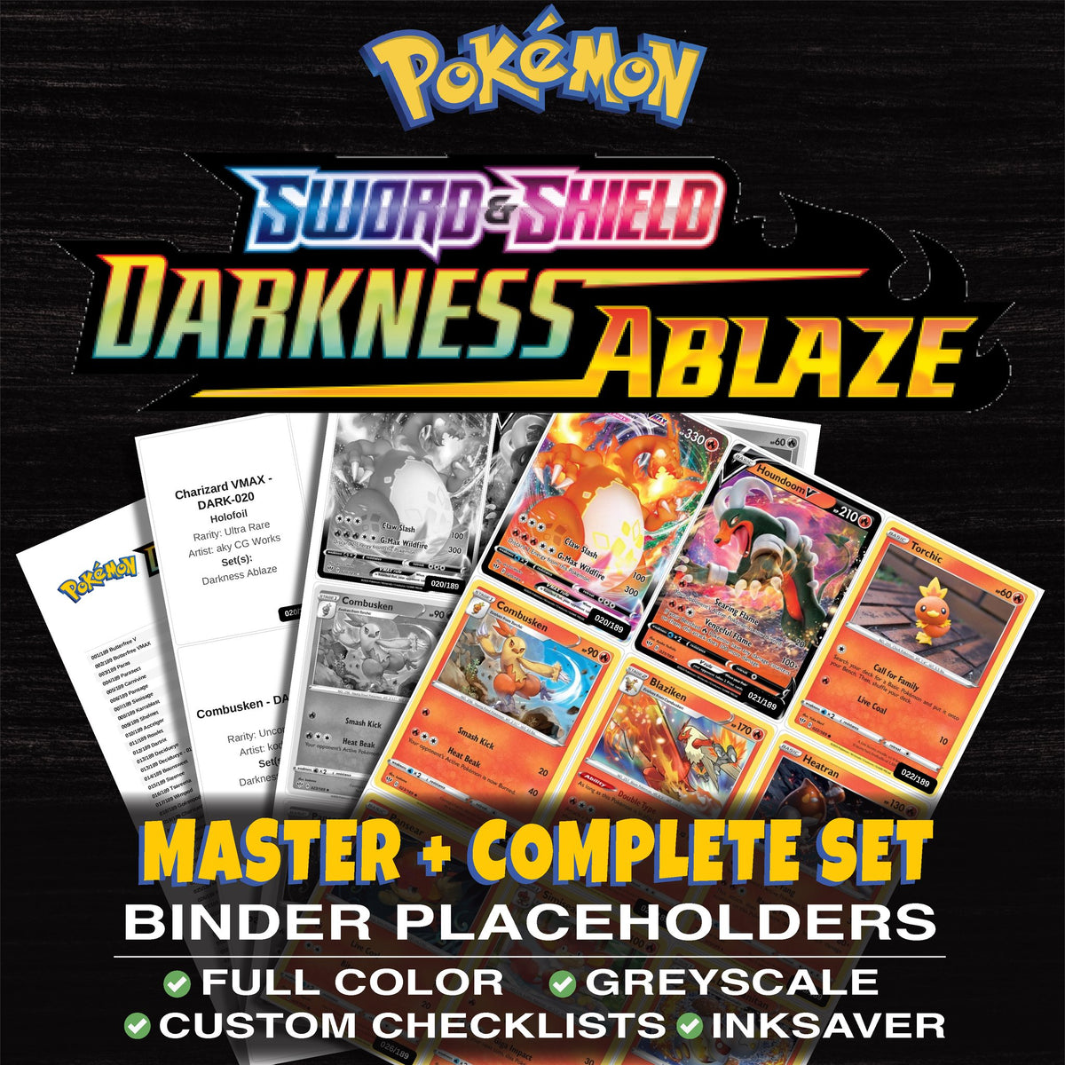 Darkness Ablaze Pokemon binder placeholders printable PDF - includes Charizard VMAX