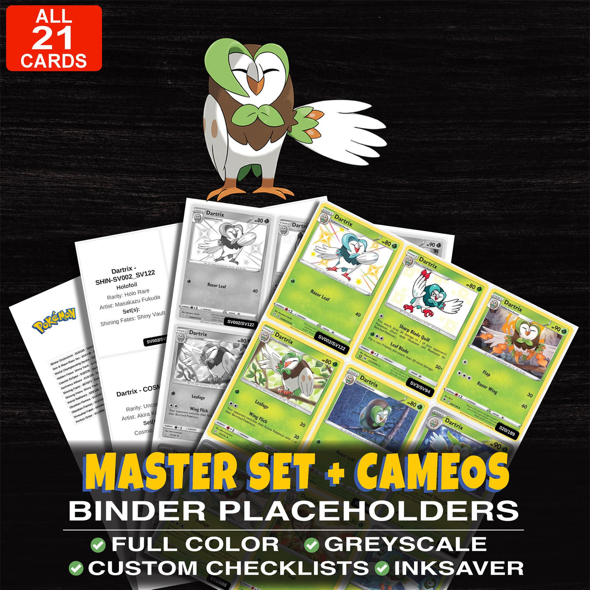 Every Dartrix Pokemon card ever made - master set binder placeholders with Dartrix