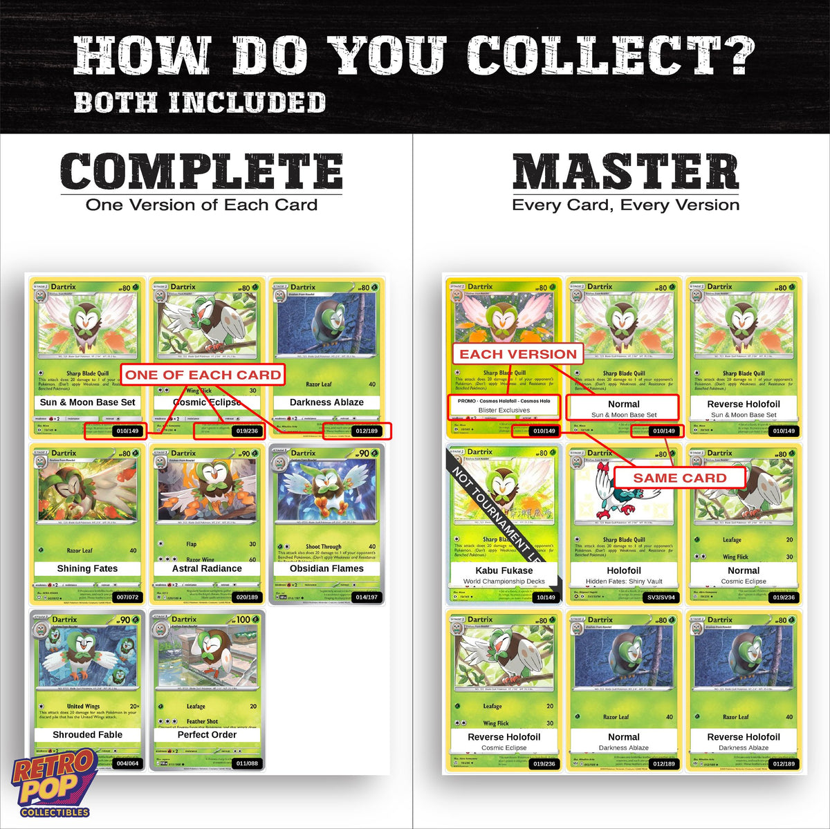 Complete Set vs Master Set versions of the Dartrix binder placeholders