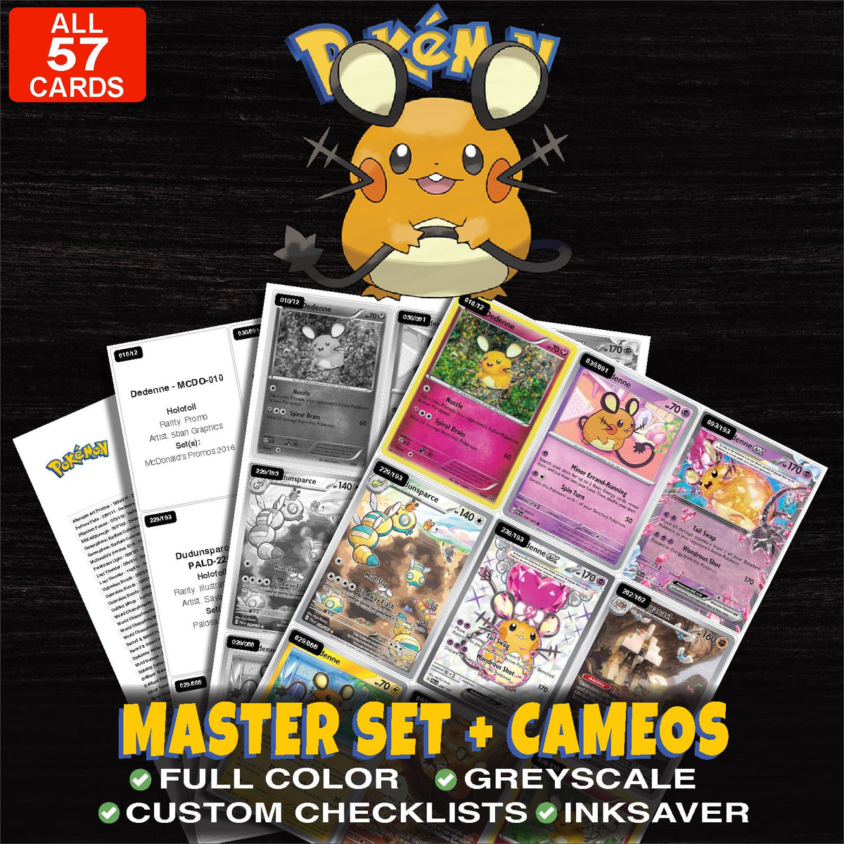 Every Dedenne Pokemon card ever made - master set binder placeholders with Dedenne GX (Secret)