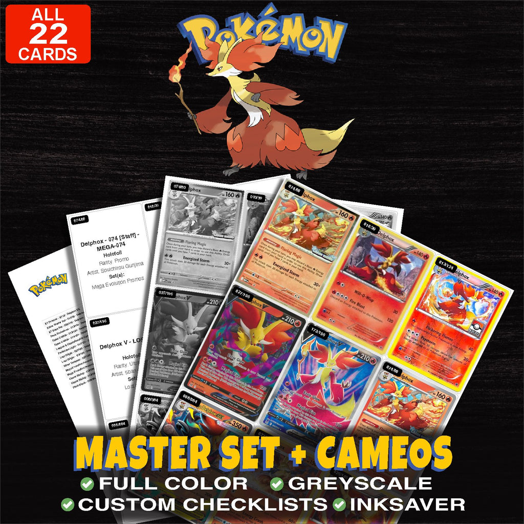 Every Delphox Pokemon card ever made - master set binder placeholders with Delphox EX
