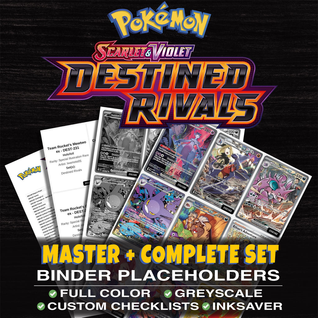 Destined Rivals Pokemon binder placeholders printable PDF - includes Team Rocket's Mewtwo ex