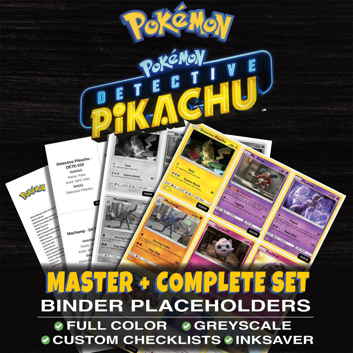 Detective Pikachu Pokemon binder placeholders printable PDF - includes Detective Pikachu