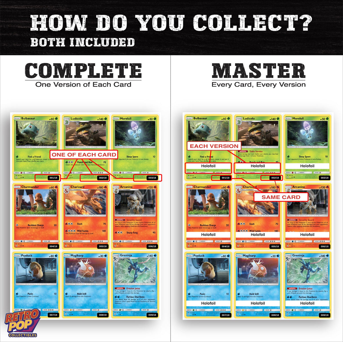 Complete Set vs Master Set versions of Detective Pikachu binder placeholders