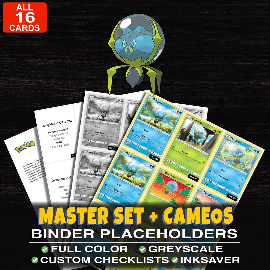 Every Dewpider Pokemon card ever made - master set binder placeholders with Dewpider
