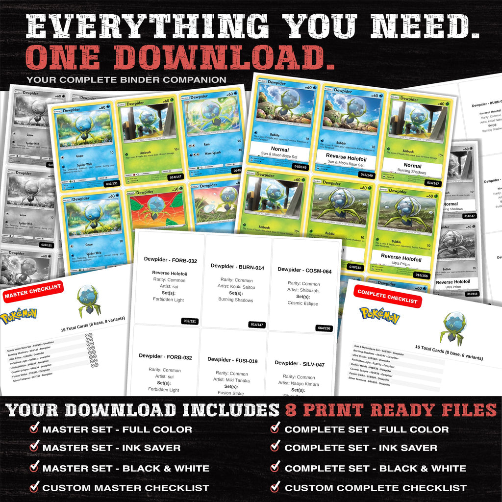 Everything included in the Dewpider master set download - 8 PDF files