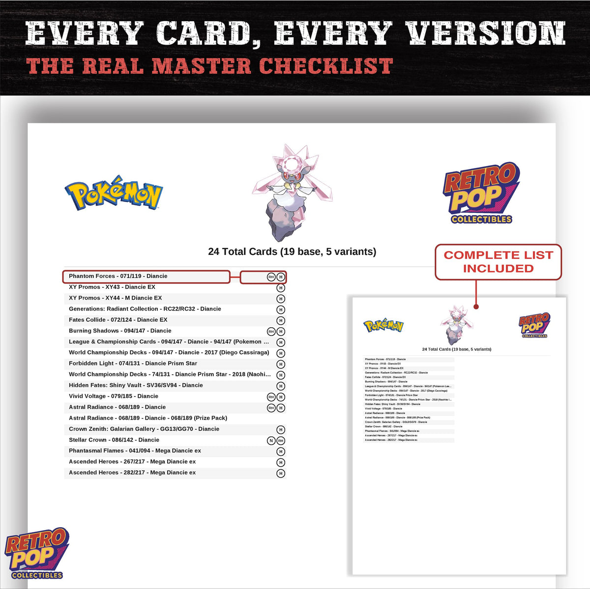 Diancie master set checklist PDF preview - every card listed