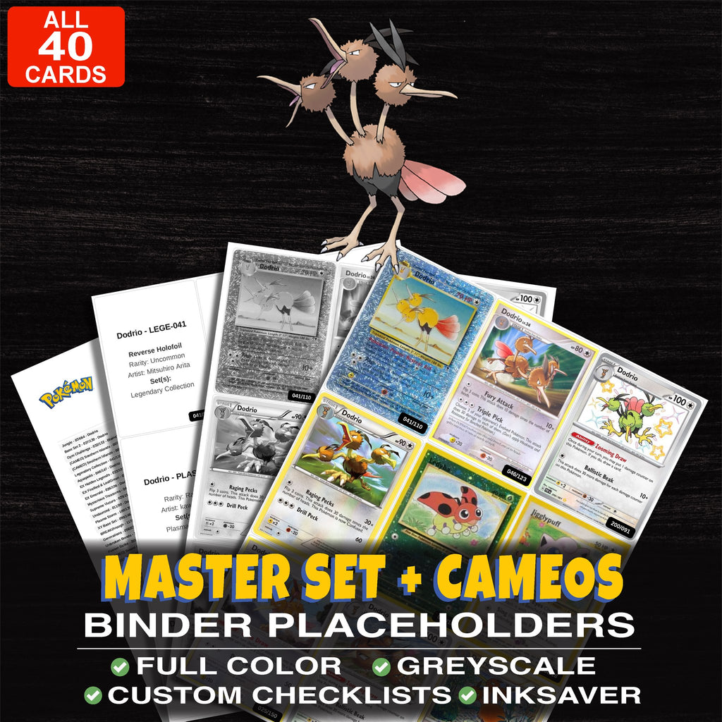 Every Dodrio Pokemon card ever made - master set binder placeholders with Dodrio