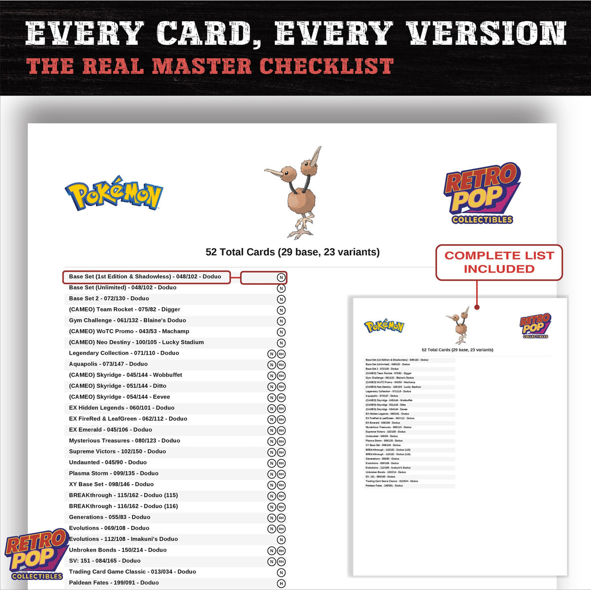 Doduo master set checklist PDF preview - every card listed