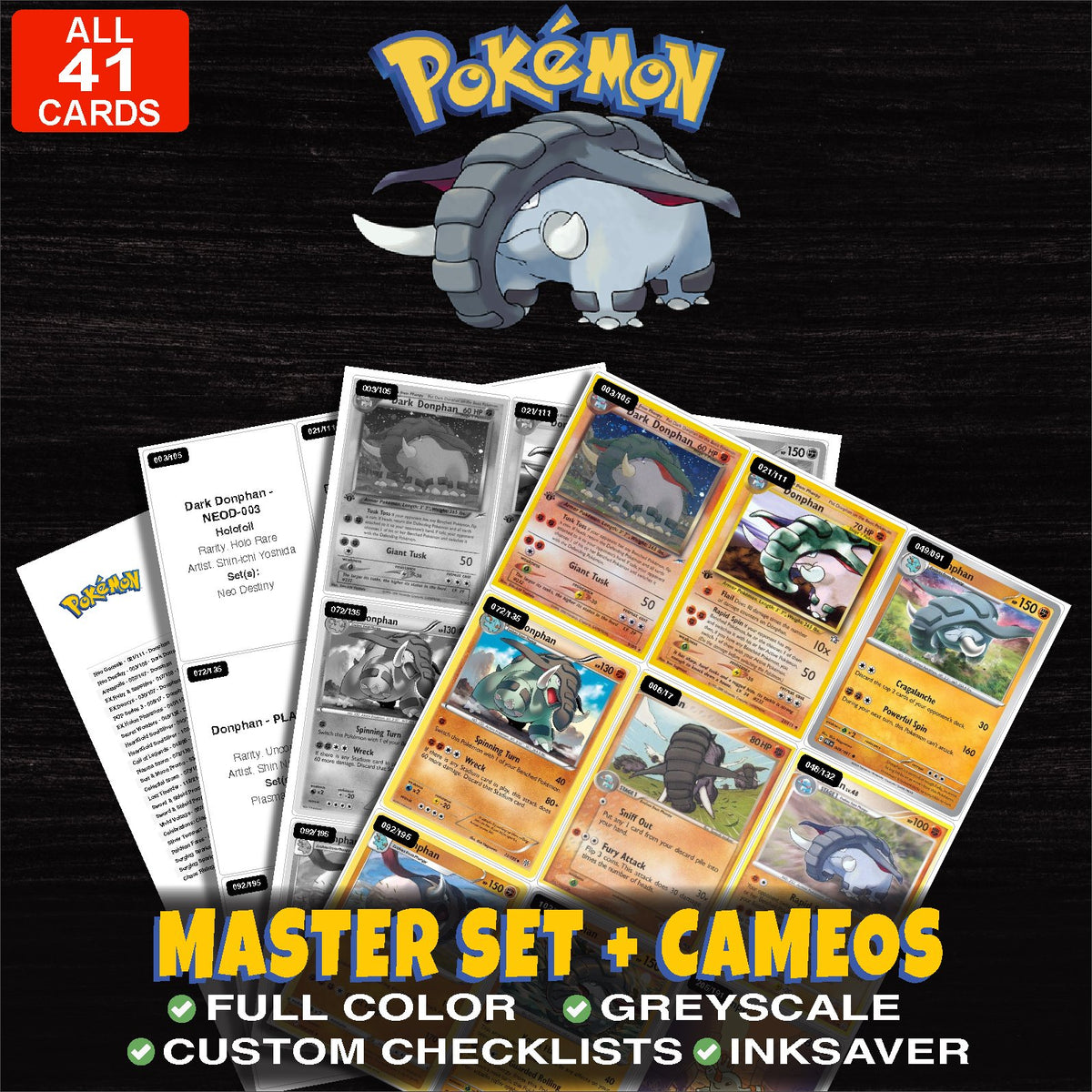 Every Donphan Pokemon card ever made - master set binder placeholders with Dark Donphan