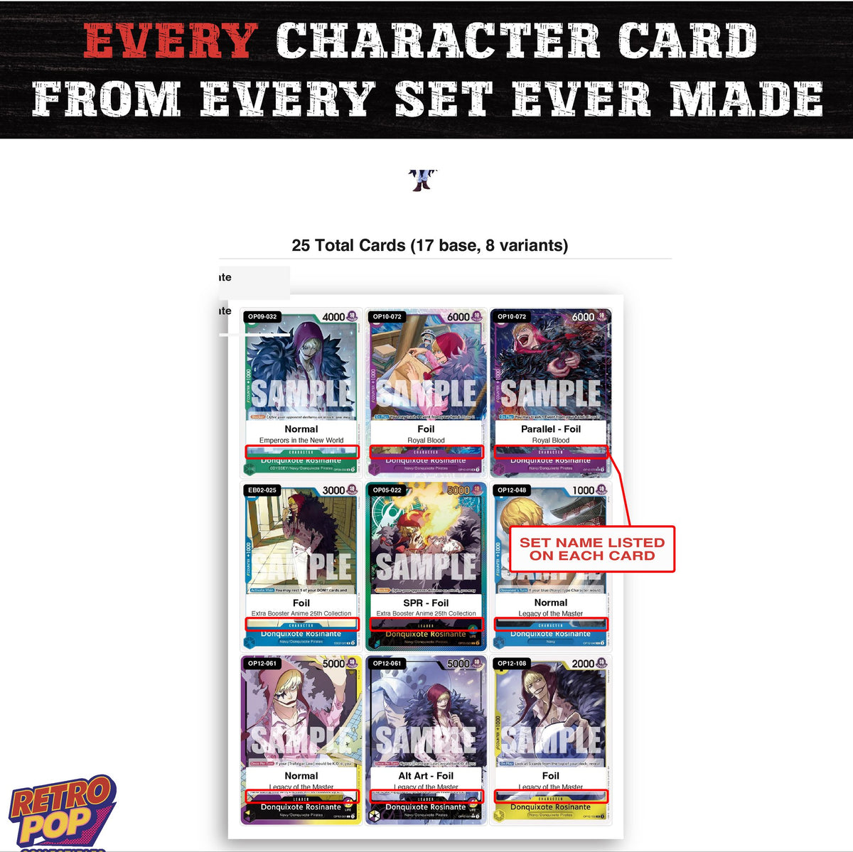 Donquixote Rosinante One Piece TCG character master set - every English Donquixote Rosinante card