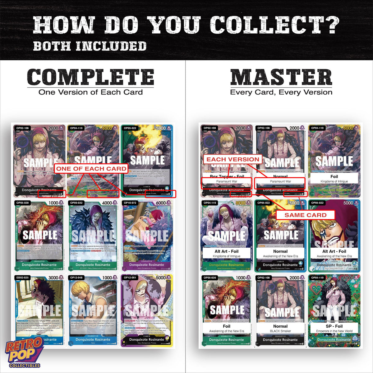 Complete Set vs Master Set versions of Donquixote Rosinante One Piece binder placeholders