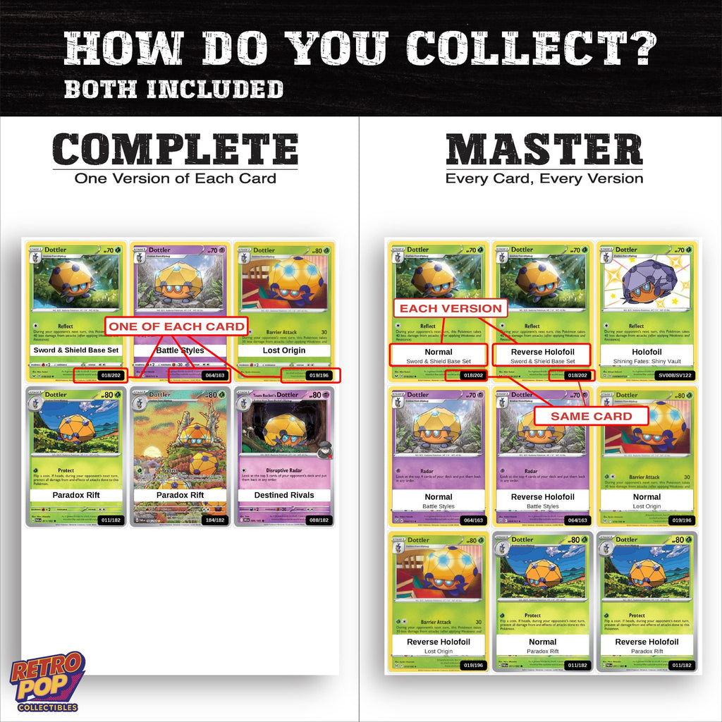 Complete Set vs Master Set versions of the Dottler binder placeholders